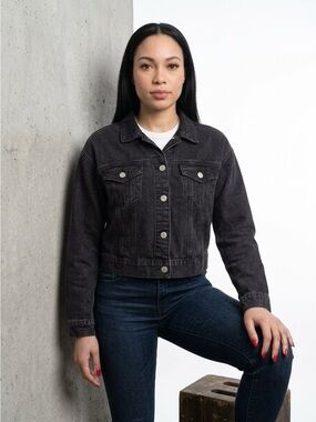 Refuge Denim Black Cropped Jean Jacket Size L Women's